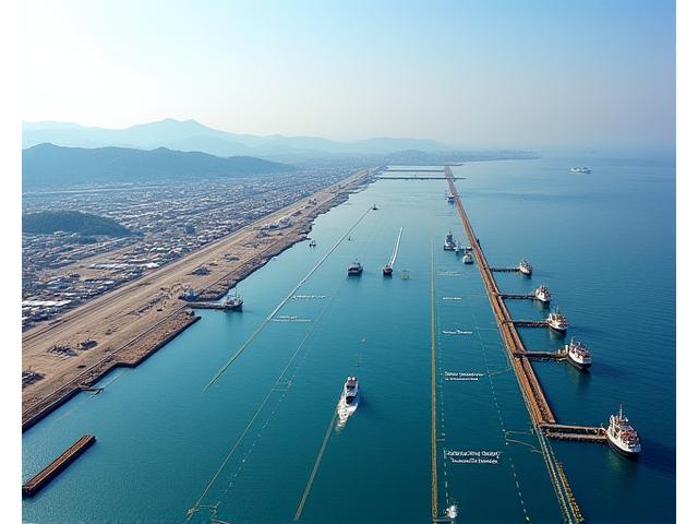 大規模港湾の空撮画像、浚渫船が作業しており、港湾拡張計画の図面が重ねられている