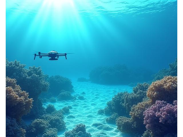 海洋調査船がサンゴ礁のそばで作業し、その下の海底にある海洋生物の生息地がマッピングされている