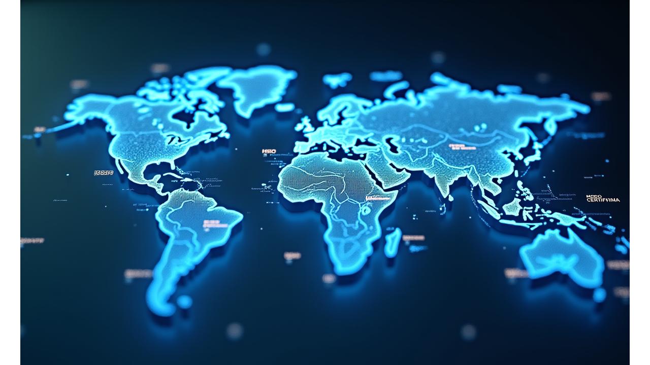 世界地図の上に重なる複数の国際環境認証ロゴとデータ指標
