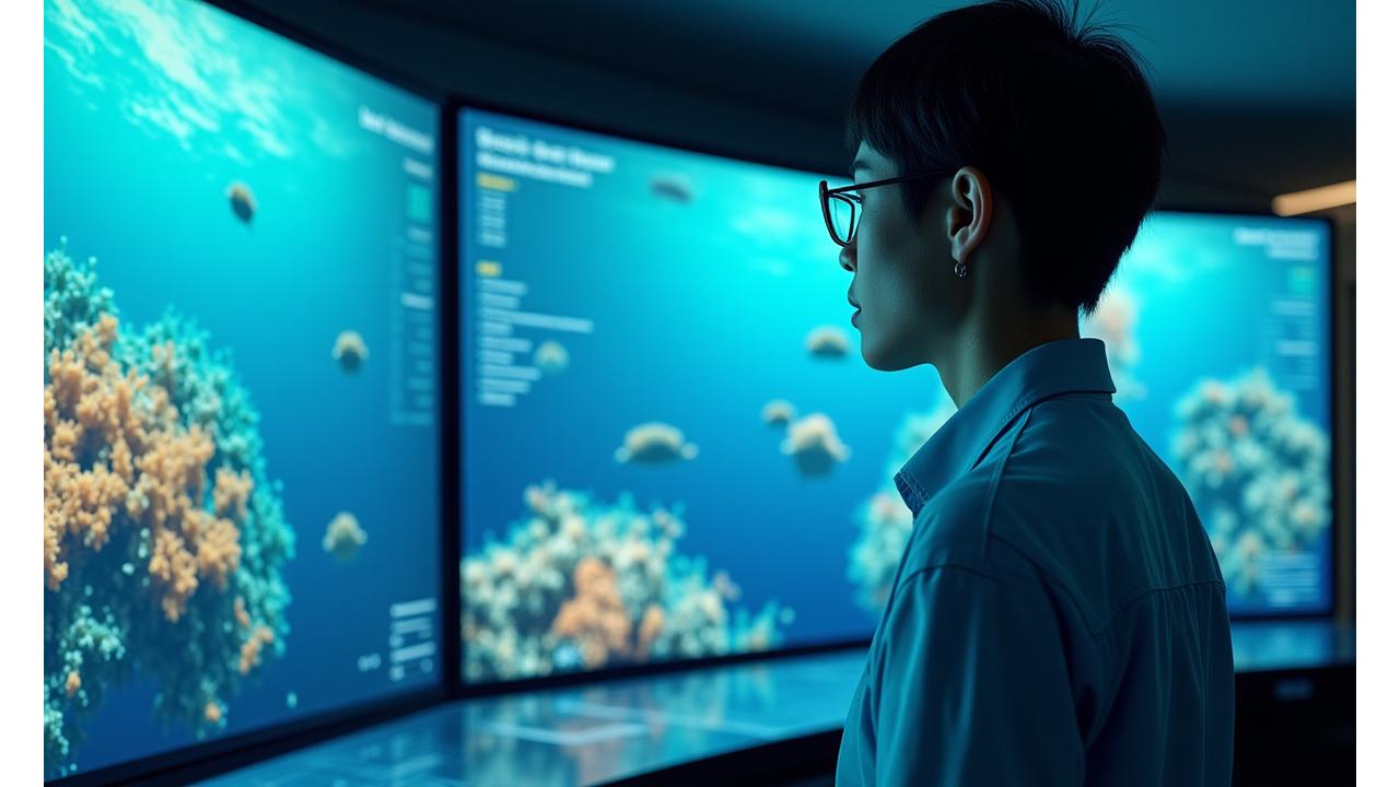 海洋環境データを解析する専門家と、美しく可視化されたデータ表示