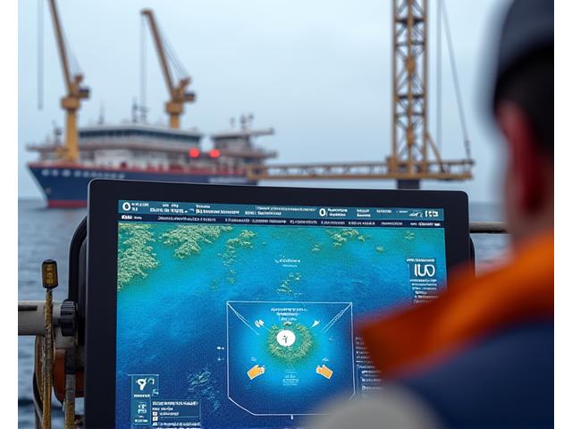 洋上風力発電所の建設現場で、作業船が精密なGPS測位システムを使い、海図データに基づいて作業を行っている。