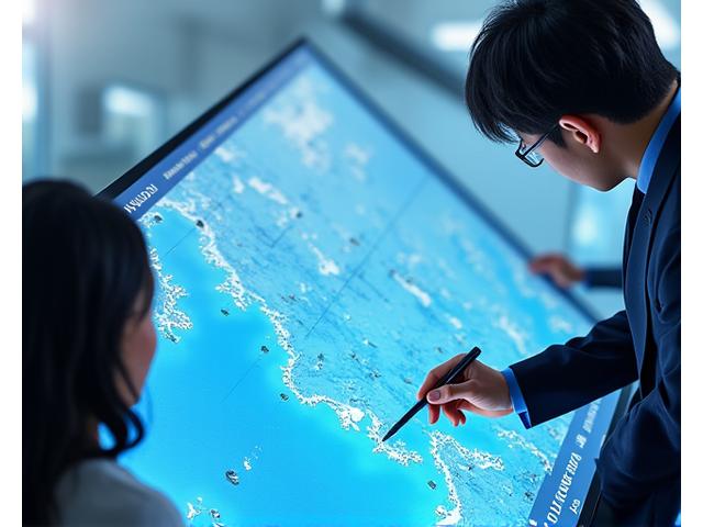 測量士が海図上で測量計画を立てている様子。最新のデジタルツールが使われている。