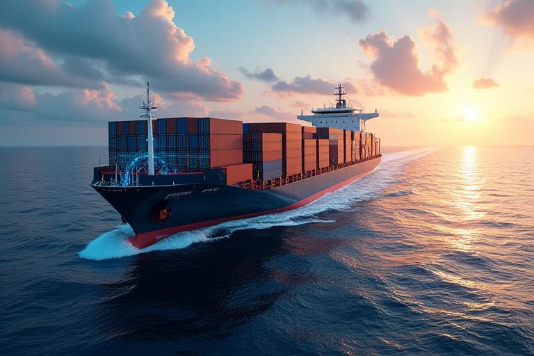 広大な外洋を航行する大型コンテナ船。日の出の光が海面を照らし、未来的なナビゲーションシステムのインターフェースが前面に重ねられている。
