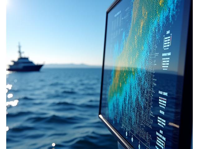 高精度な海図が表示されたモニターと測量船の様子